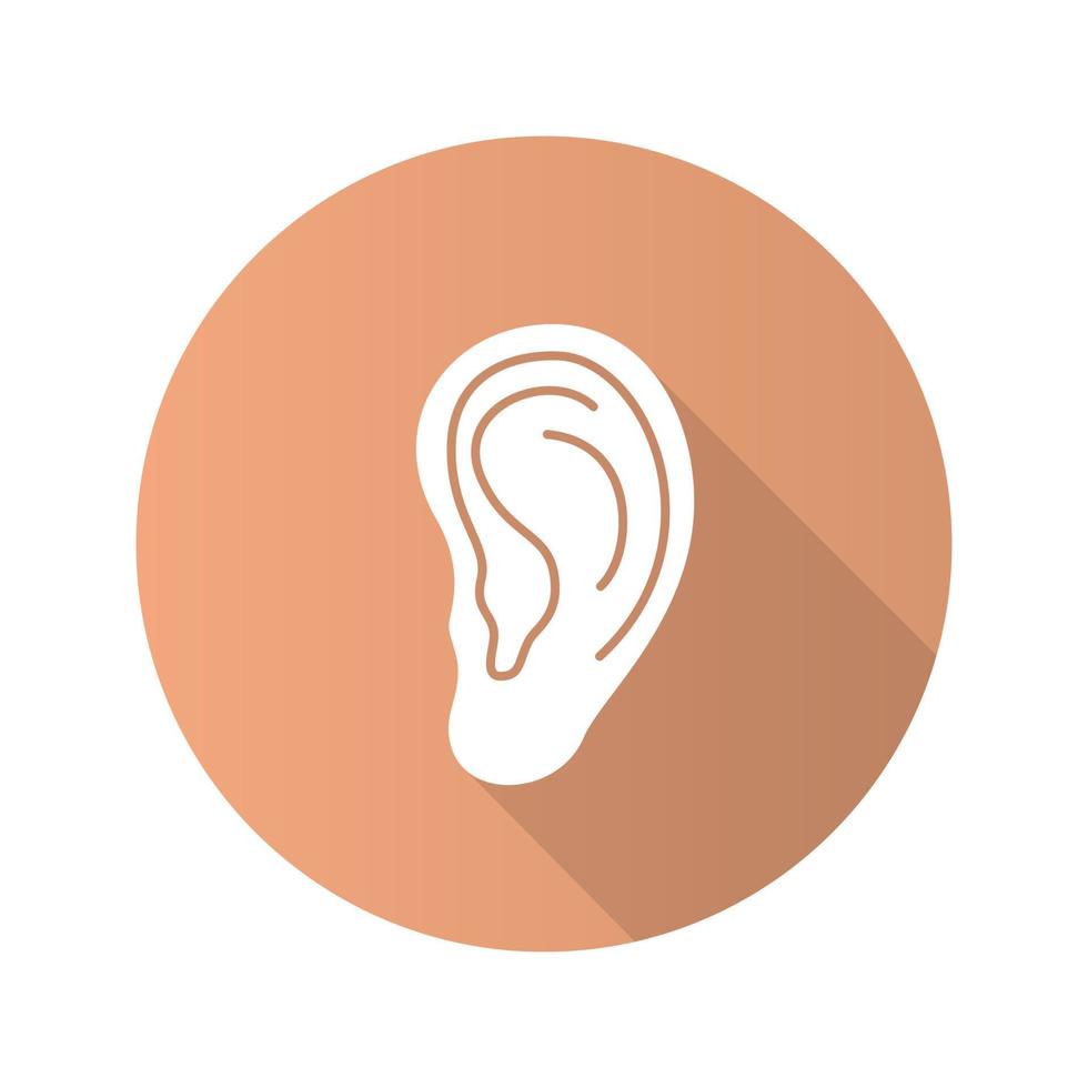 Human ear flat design long shadow glyph icon. Vector silhouette illustration