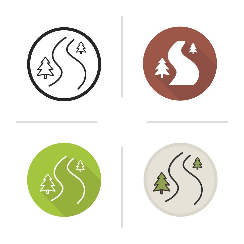 Winding country road icon. Flat design, linear and color styles. Forest path with fir trees. Isolated vector illustrations