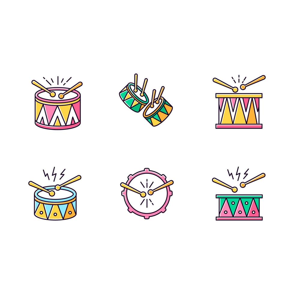 Conjunto de iconos de color rosa rgb de música brasileña. tambores con baquetas. samba. instrumento musical. carnaval brasileño. Desfile festivo de tambores. ilustraciones vectoriales aisladas vector