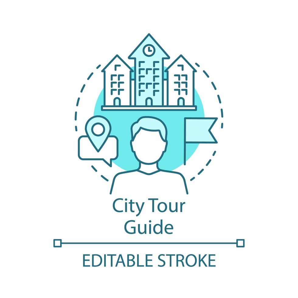 City tour guide concept icon. Tours organisation idea thin line illustration. Travel and exploring attractions. Excursion, sightseeing. Trip advisor. Vector isolated outline drawing. Editable stroke