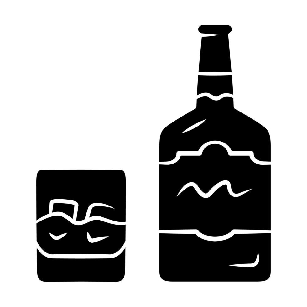 Whiskey glyph icon. Bottle and old fashioned glass with drink and ice. Scotch, rum shot. Distilled alcoholic beverage. Brandy, bourbon. Silhouette symbol. Negative space. Vector isolated illustration