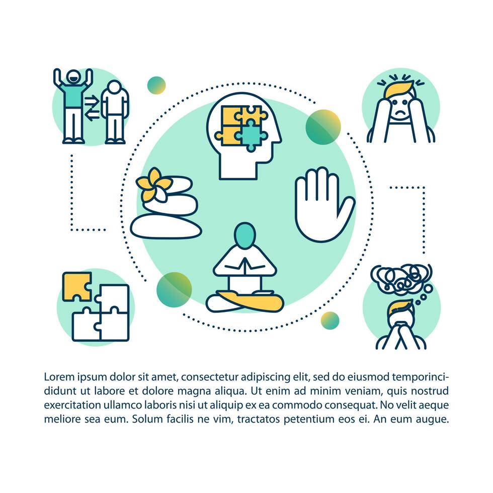 Calming techniques concept icon with text. Stress relief. Meditation and yoga. Recharging, selfcare. Article page vector template. Brochure, magazine, booklet design element with linear illustrations