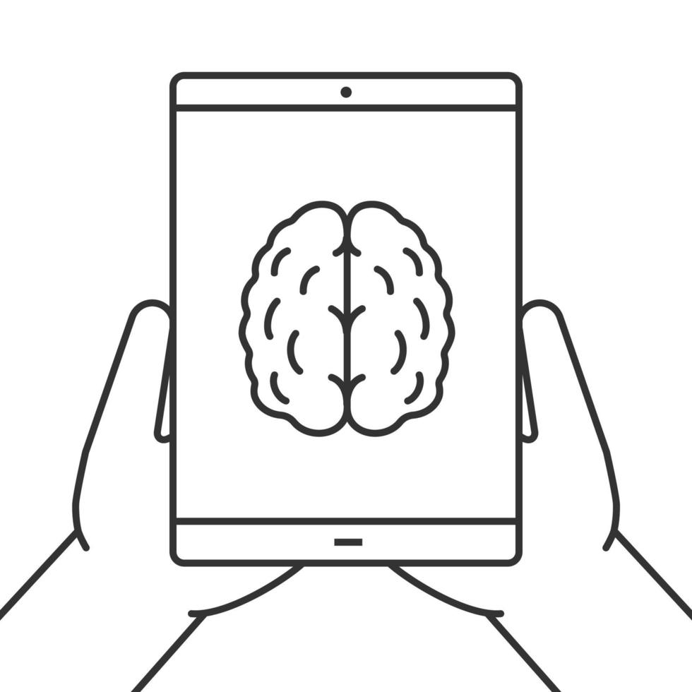 Hands holding tablet computer linear icon. Artificial intelligence. Thin line illustration. Tablet computer with human brain. Contour symbol. Vector isolated outline drawing