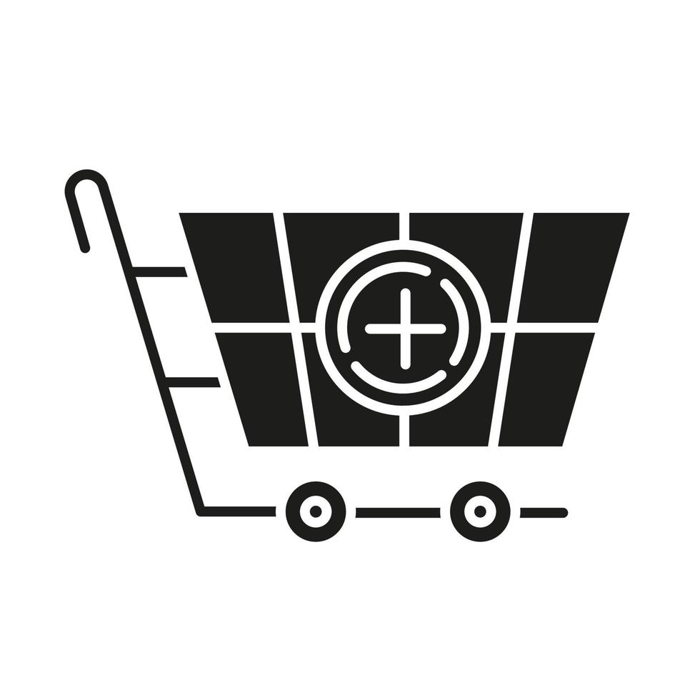 Shop trolley glyph icon. Adding products to basket. Shopping equipment for buying goods. Merchandise and consumerism. Ordering service. Silhouette symbol. Negative space. Vector isolated illustration