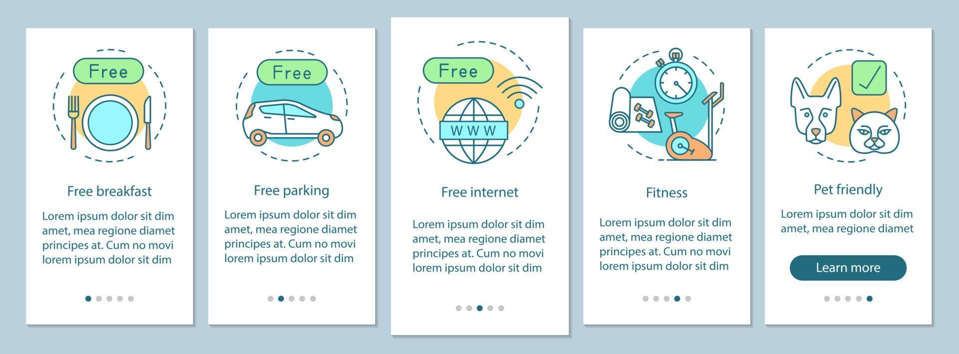 Hotel amenities onboarding mobile app page screen with linear concepts vector