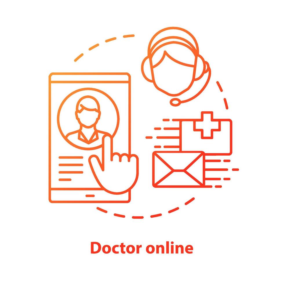 Doctor online concept icon. Internet physician service idea thin line illustration. Clinic, hospital call centre. Specialist smartphone app messenger. Vector isolated outline drawing. Editable stroke