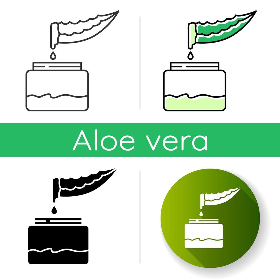 Aloe vera juice icon. Medicinal herb extract. Organic plant based liquid. Dermatology and skincare. Sliced cactus thorn with droplet. Linear black and RGB color styles. Isolated vector illustrations