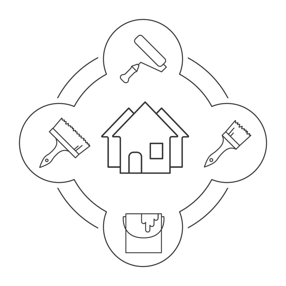 House remodel tools linear icons set. Glue and paint brushes, bucket, roller. Isolated vector illustrations. Interior design tools