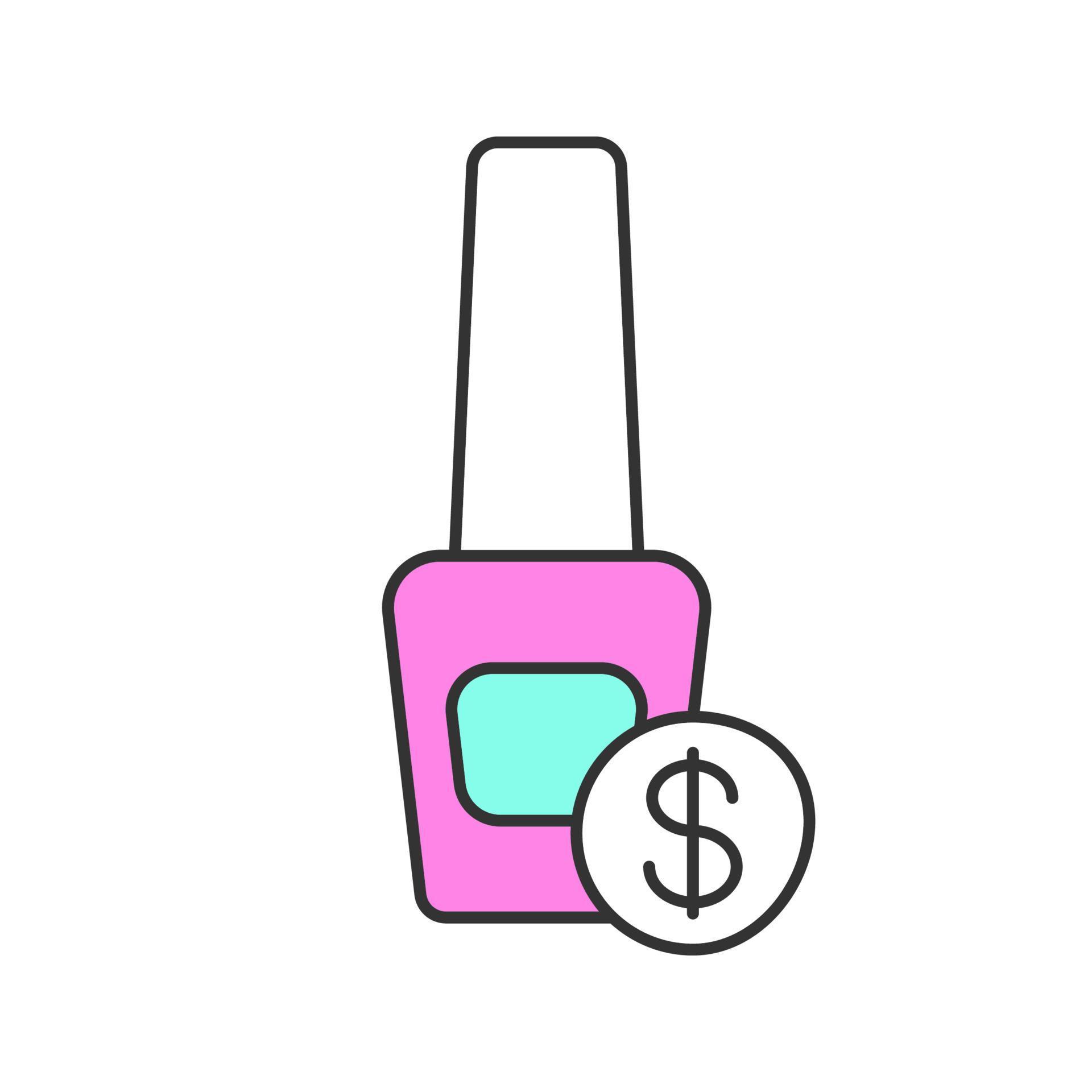 Nail polish price color icon. Nail varnish bottle with dollar sign