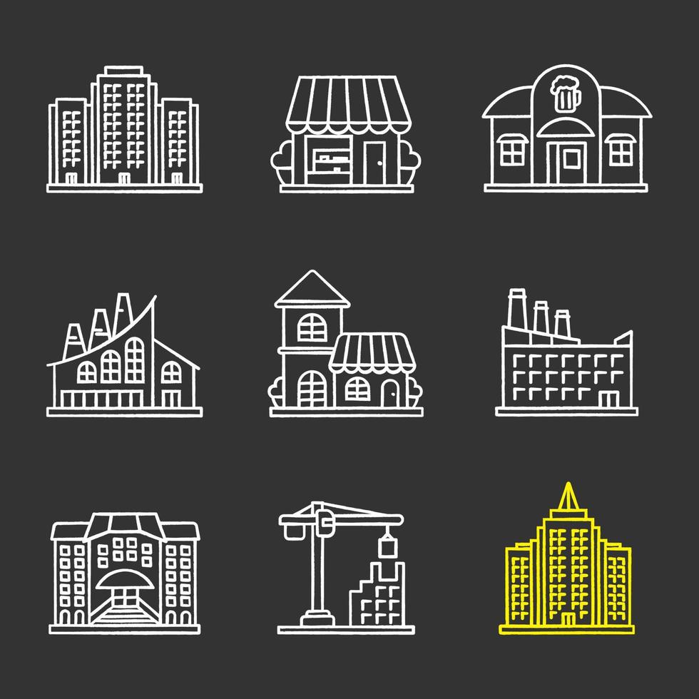 Conjunto de iconos de tiza de edificios de la ciudad. edificio de varios pisos, tienda, pub, fábrica industrial, cafetería, hotel, universidad, grúa torre, rascacielos. ilustraciones de pizarra vector aislado