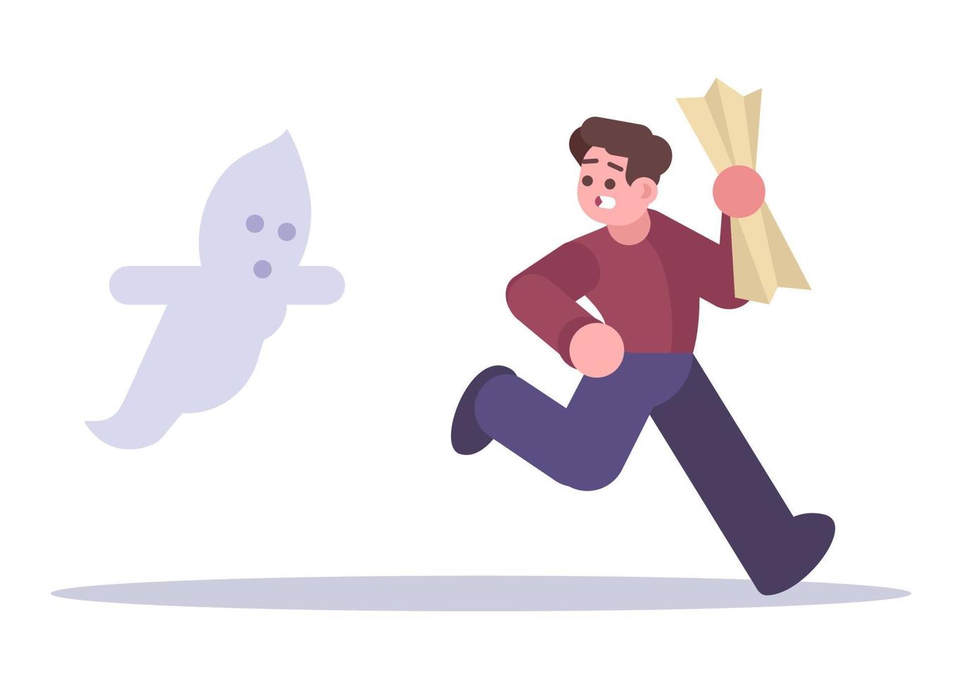 Ilustración de vector plano de sala de escape de Halloween. Hombre corriendo de personaje de dibujos animados aislado fantasma sobre fondo blanco. niño asustado en la sala de escape buscando la salida. escena de terror sobrenatural