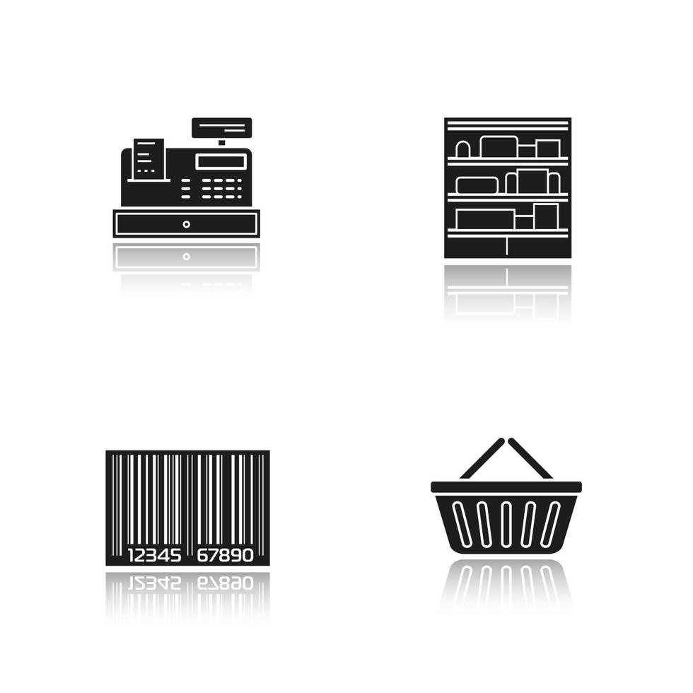 Supermarket drop shadow black icons set. Shopping basket, cash register, bar code, shop shelves. Grocery store items. Isolated vector illustrations