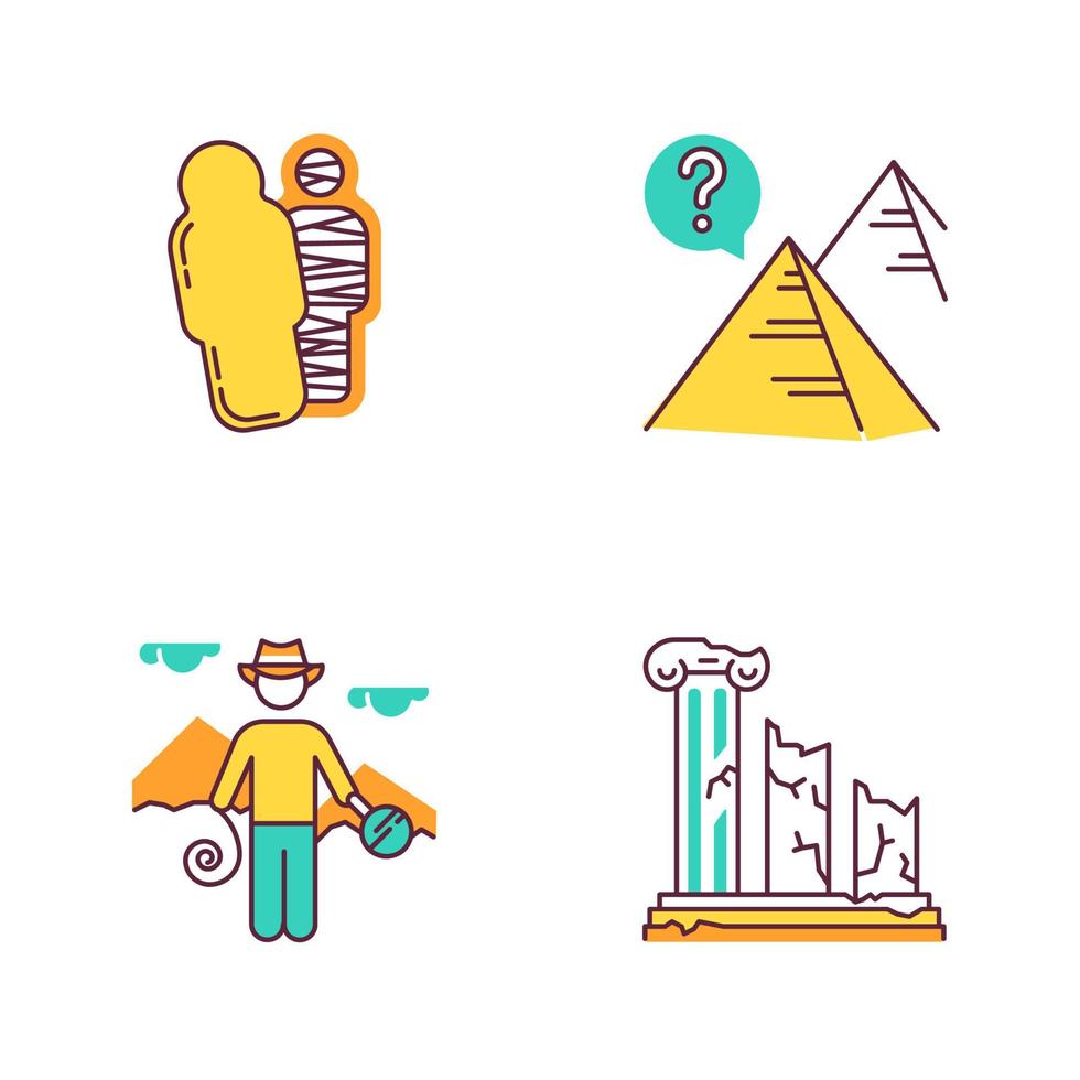 Archeology color icons set. Mummy in sarcophagus. Pyramids. Egyptian culture mysteries. Researcher in field. Column ruins. Broken pillars. History, culture. Isolated vector illustrations