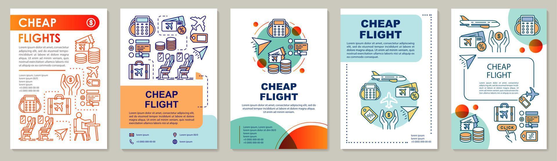 Cheap flights brochure template layout. Last minute travel, low cost tickets. Flyer, booklet, leaflet print design with linear illustrations. Vector page layouts for magazines, reports, posters