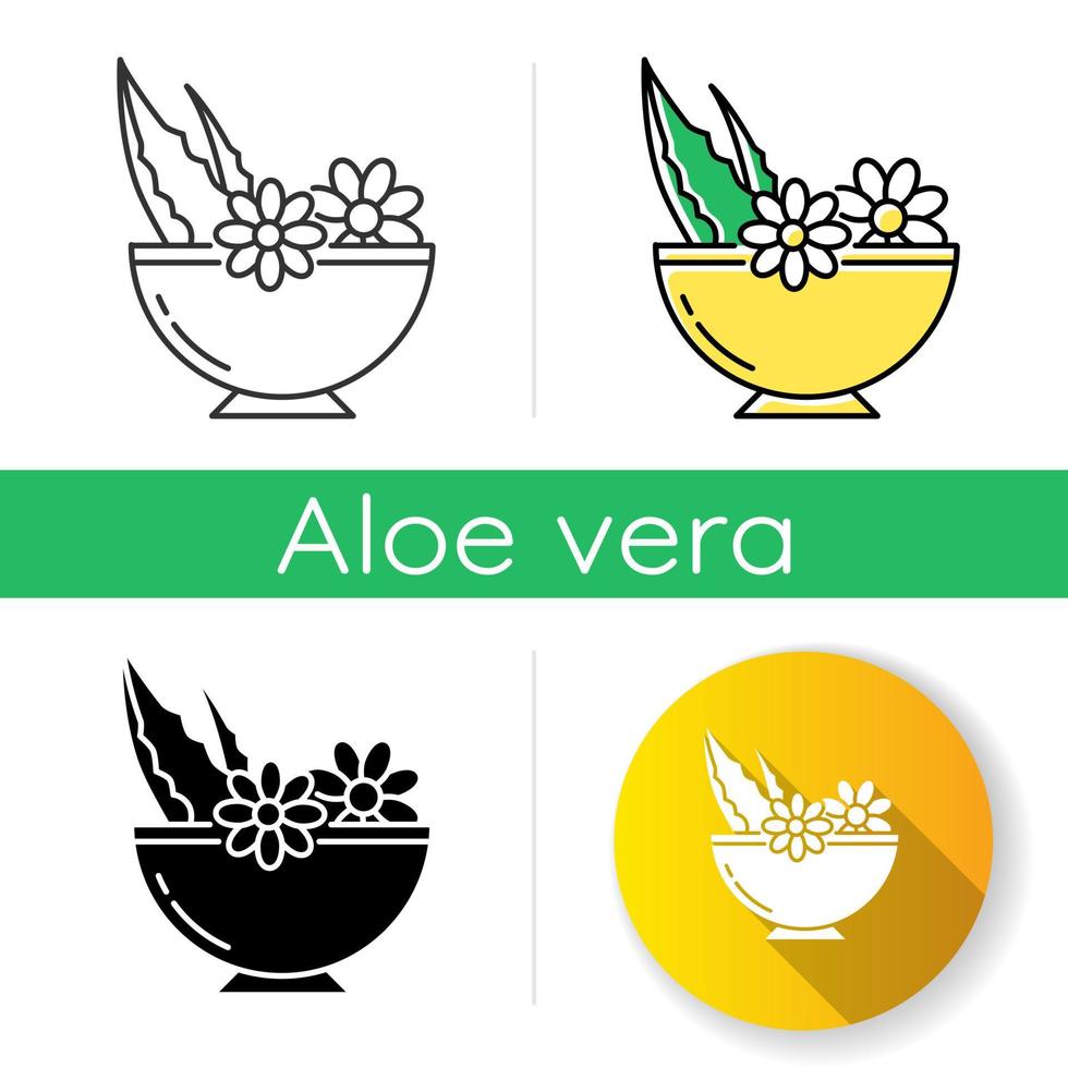 Leaves in bowl icon. Medicinal herbs and flowers in mortar. Botanical ingredients for organic cosmetology. Natural skincare. Linear black and RGB color styles. Isolated vector illustrations