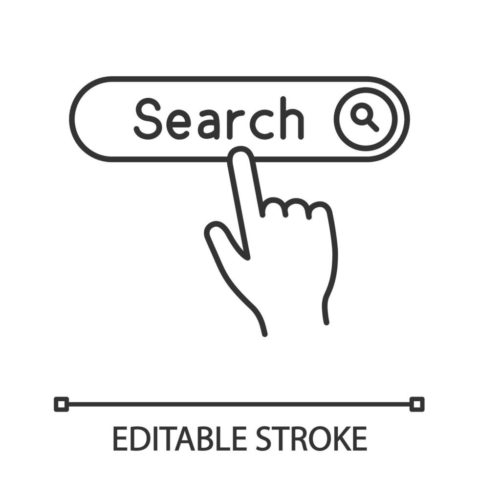 Search button click linear icon. Internet surfing. Hand pressing find button. Thin line illustration. Contour symbol. Vector isolated outline drawing. Editable stroke