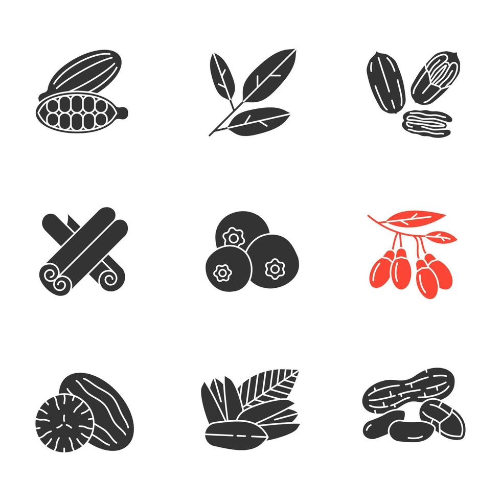 Spices glyph icons set. Silhouette symbols. Cardamom, bay leaves, pecan nut, cinnamon, allspice, goji berries, nutmeg, pistachio, peanut. Vector isolated illustration