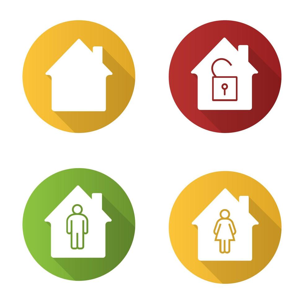 Houses flat design long shadow glyph icons set. Private property owners and security. Home buildings with man, woman and open lock inside. Vector silhouette illustration
