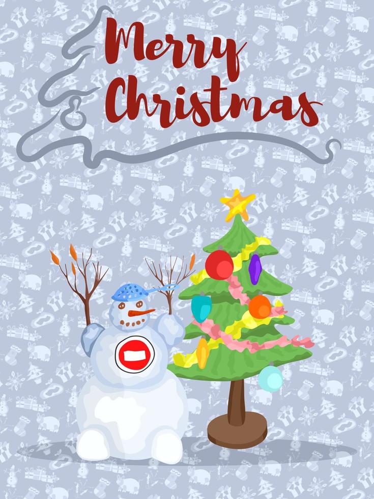 Christmas poster with snowman near the Christmas tree vector