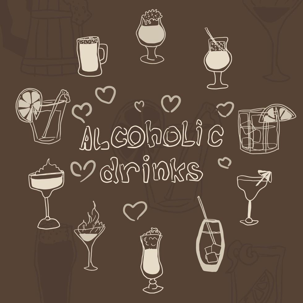 doodles of alcoholic drinks in glasses on a brown background vector