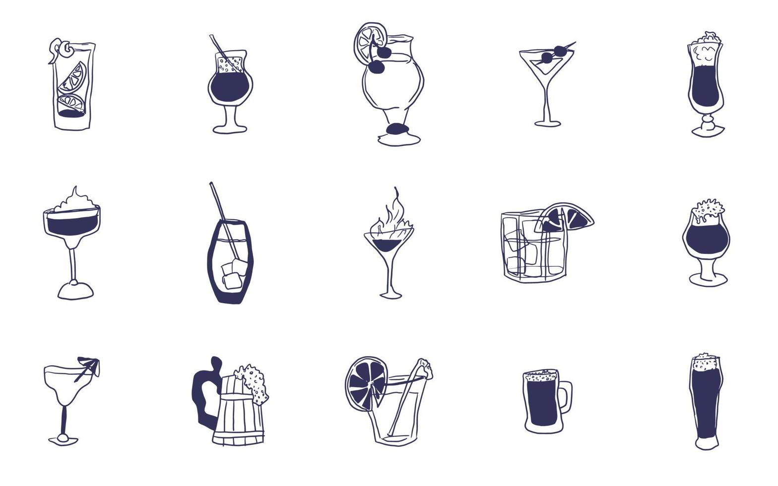 large selection of alcoholic drinks and shots doodle vector