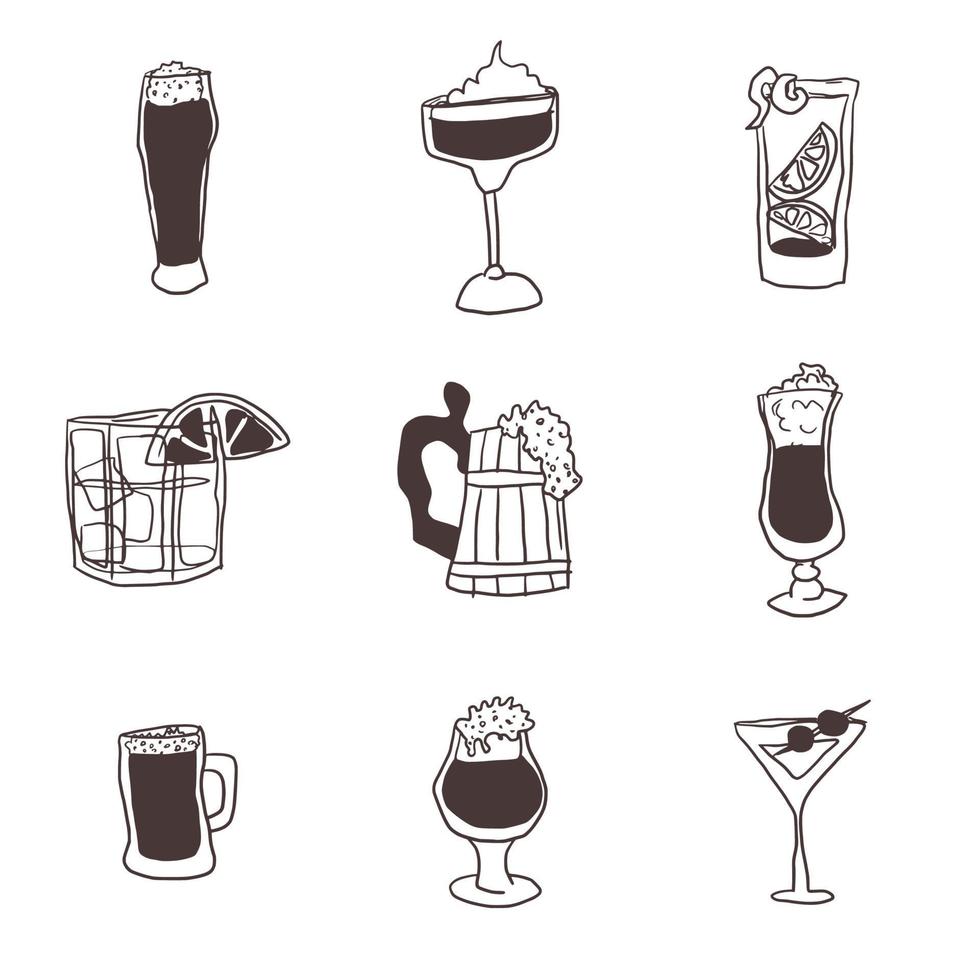 doodles drawings of alcoholic drinks in glasses vector