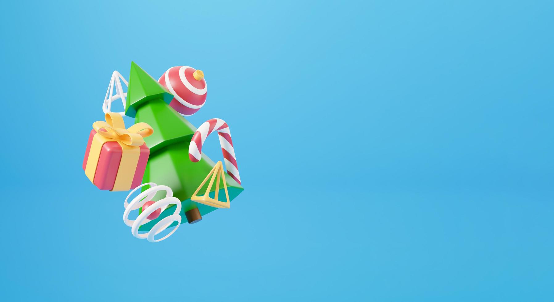 New Year and Christmas 3d design. Realistic gifts box, xmas fir tree, ball, candy and decorative elements holiday banner. 3d render image of christmas holiday photo