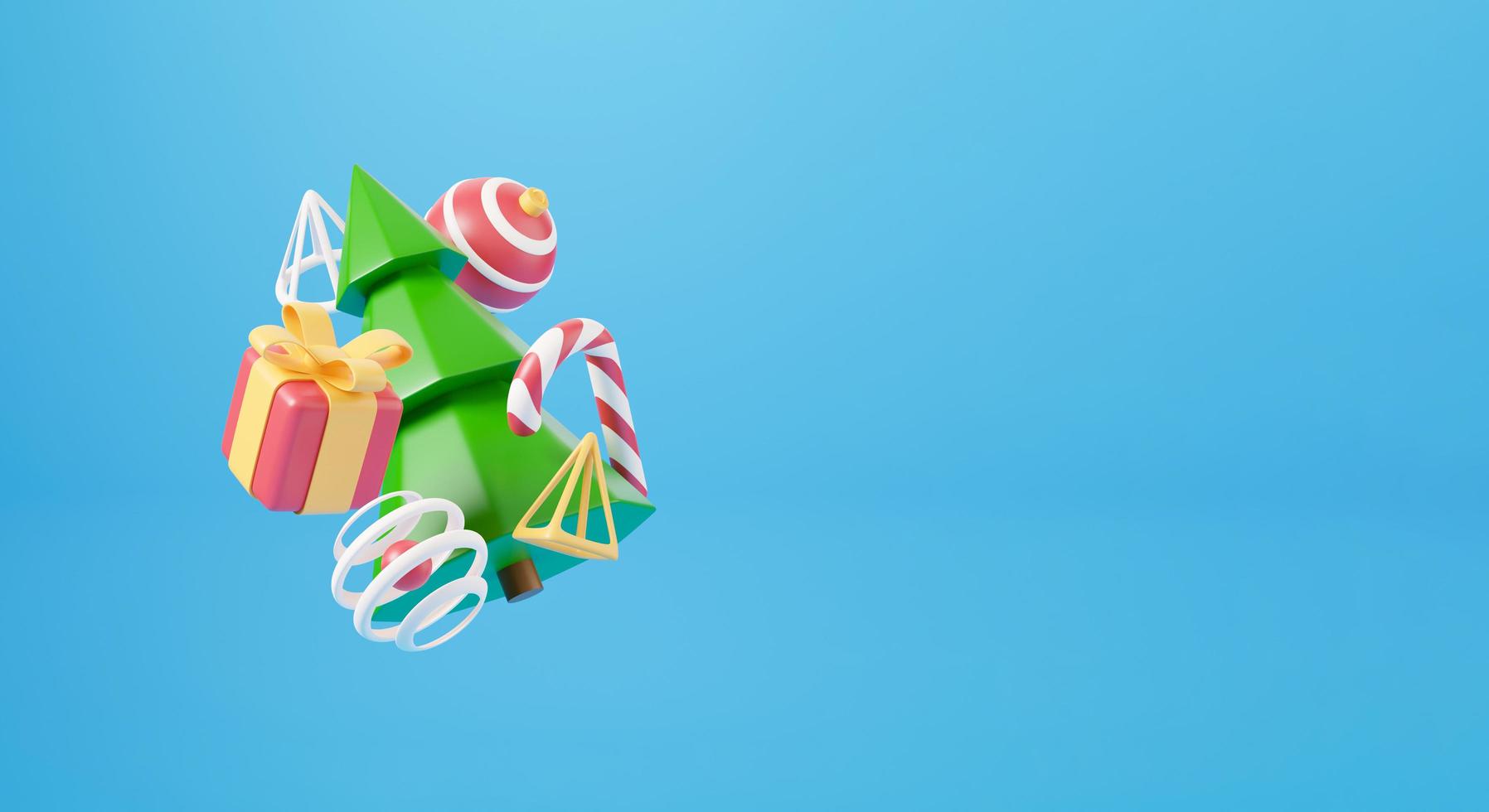 diseño 3d de año nuevo y navidad. caja de regalos realista, abeto de Navidad, bola, dulces y elementos decorativos banner navideño. 3d render de la imagen de vacaciones de navidad foto