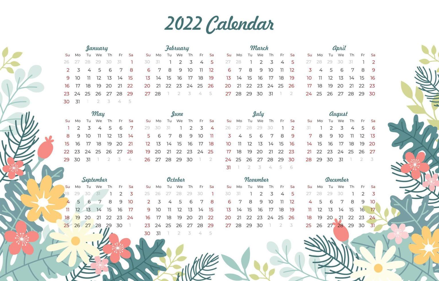 2022 Calendar Template with Beautiful Pastel Floral Arrangement vector