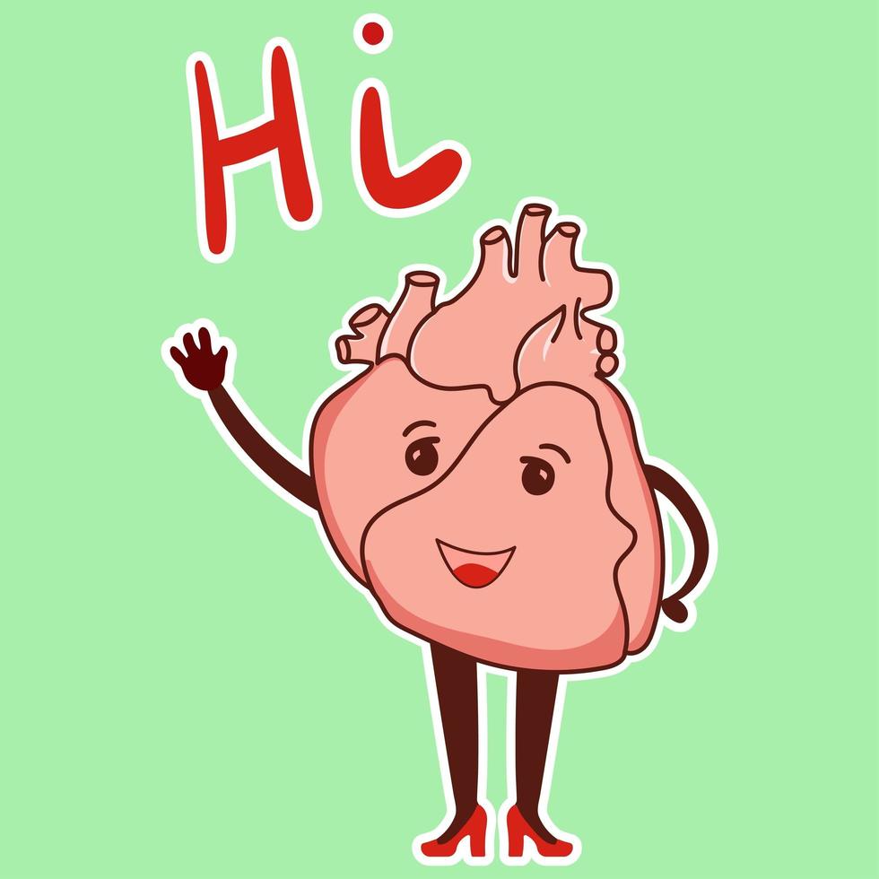 emoticon de corazón fisiológico. lindo personaje de cardiología saluda. vector