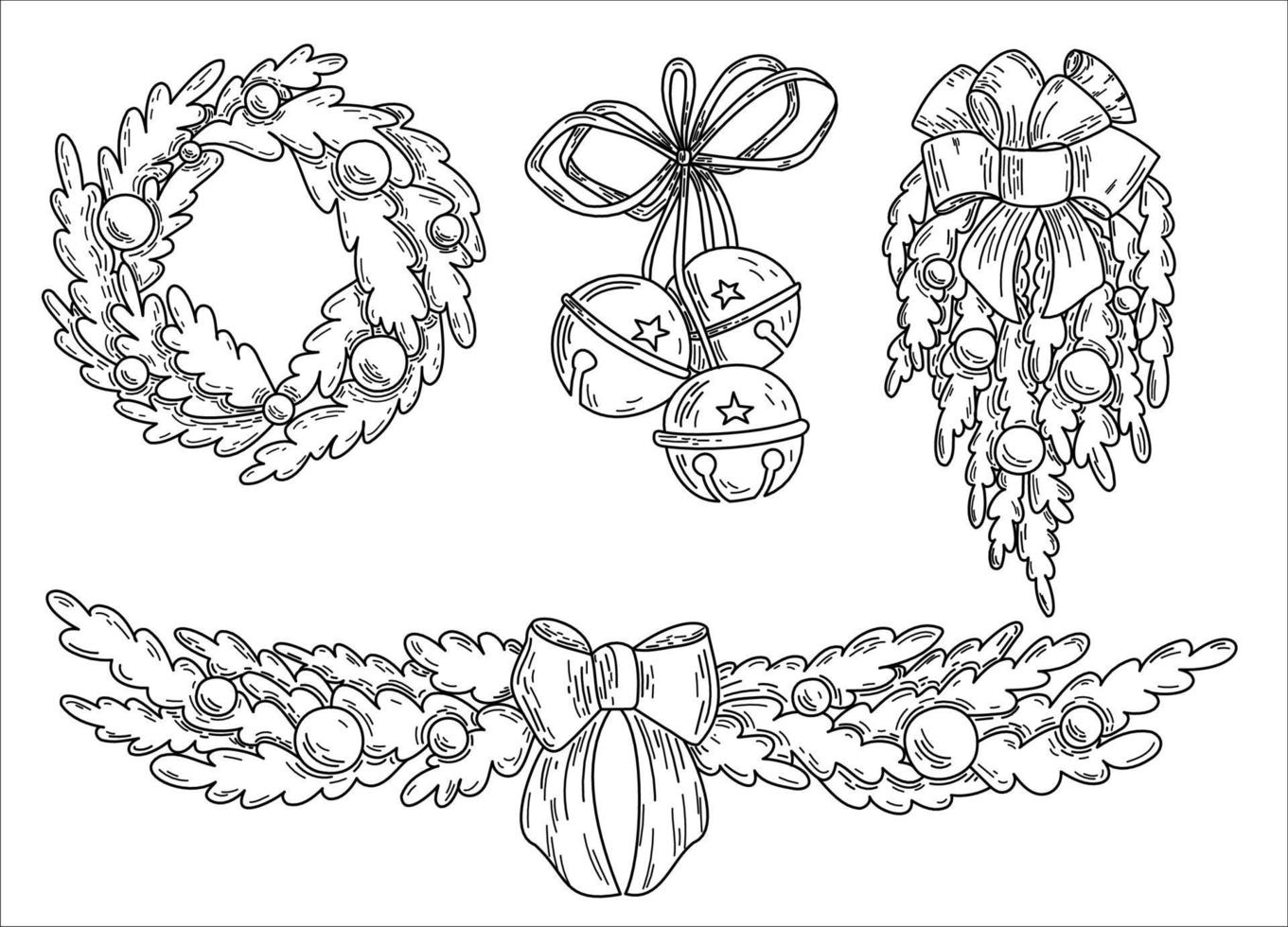 Black and white set of graphic vector hand-drawn Christmas elements in doodle style. Christmas wreath, bells, garlands with bows.