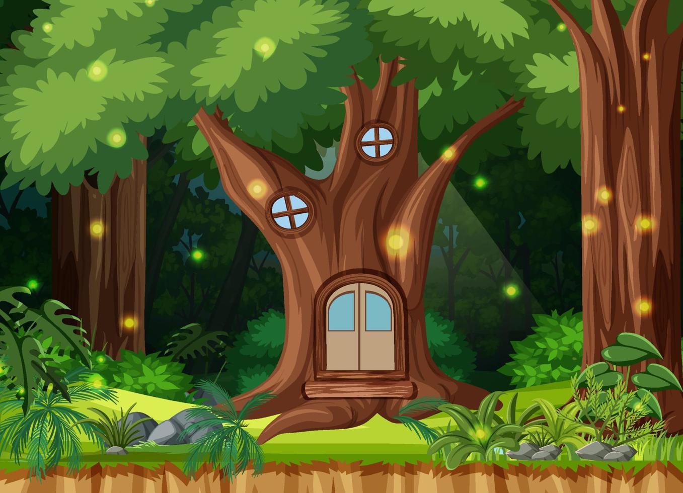 Fondo de bosque encantado con casa en el árbol vector