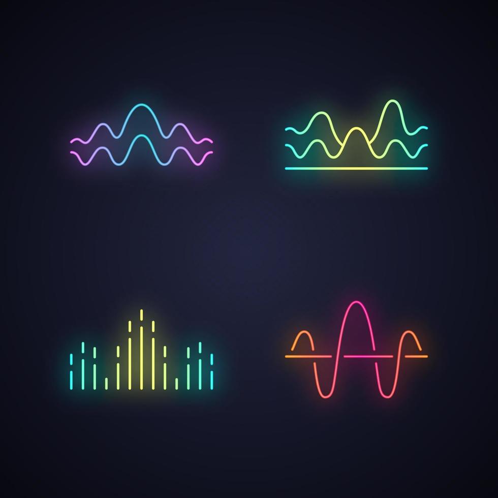 Conjunto de iconos de luz de neón de ondas sonoras. signos brillantes. ruido, frecuencia de vibración. volumen, nivel de ecualizador líneas onduladas. ondas musicales, ritmo. Logotipo de ondas de sonido de curva digital. ilustraciones vectoriales aisladas vector