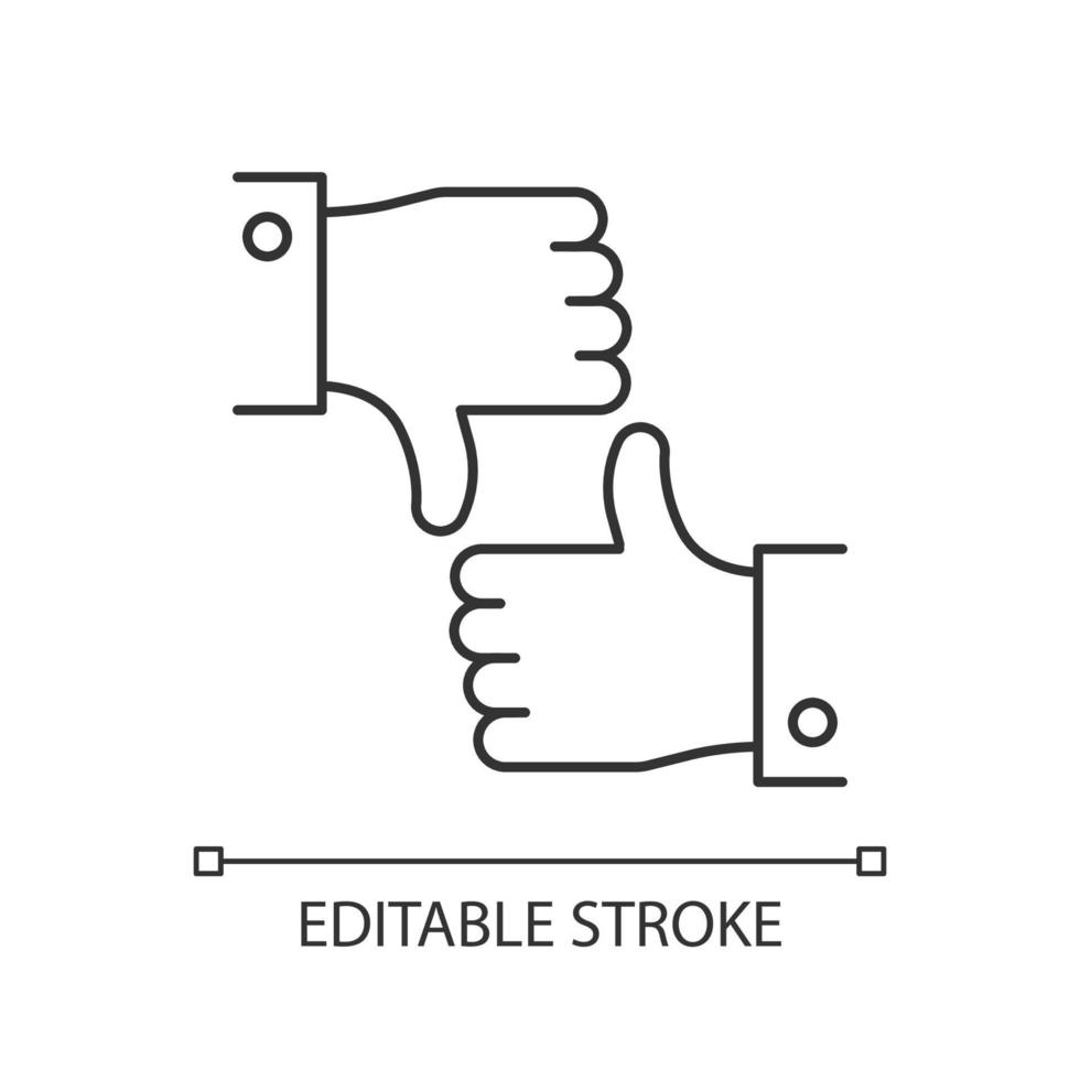 me gusta y no me gusta el icono lineal. opción de retroalimentación. evaluación de información. evaluación de datos en línea. signo de mano hacia arriba y hacia abajo. Ilustración de línea fina. símbolo de contorno. dibujo de contorno aislado vectorial. trazo editable vector