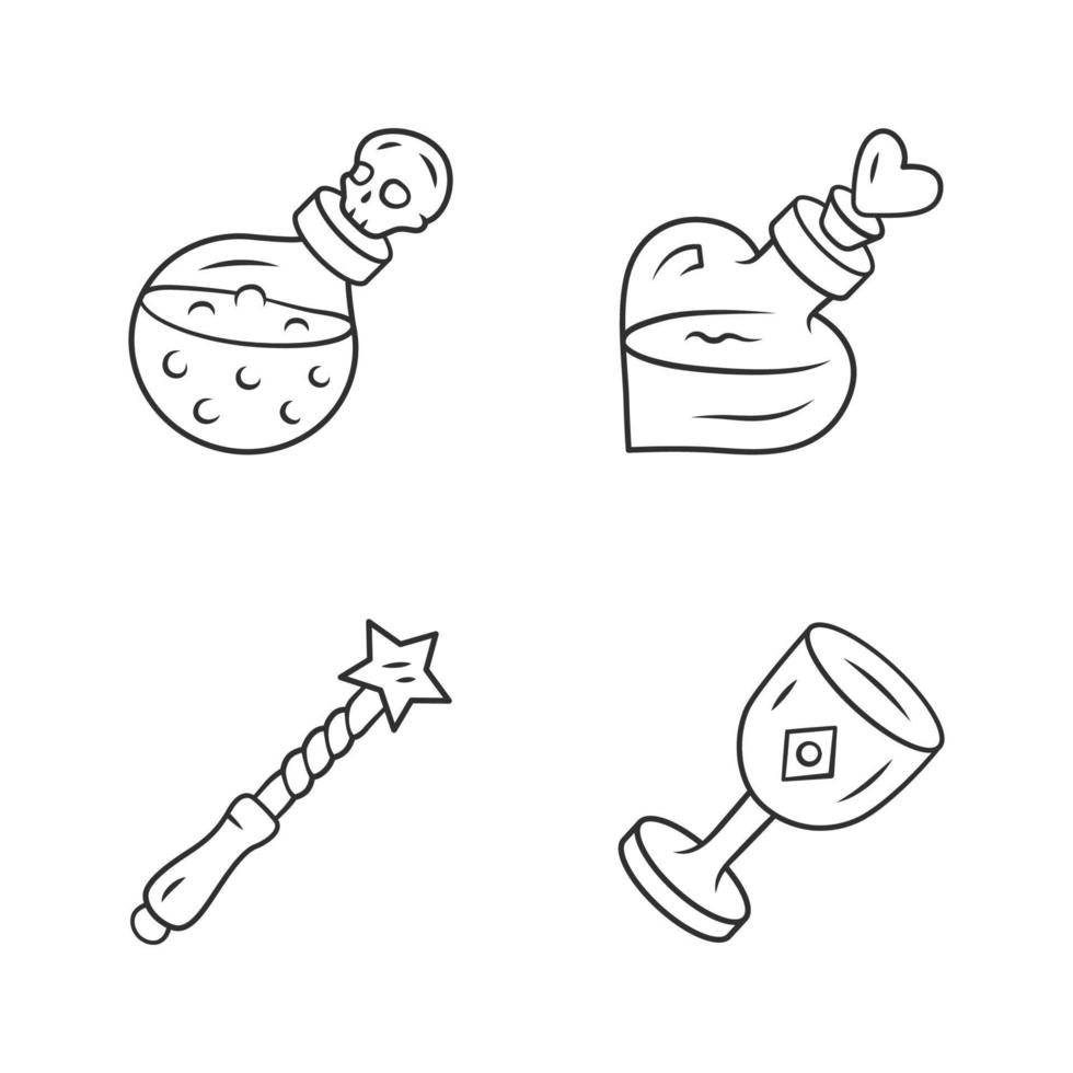 Magic linear icons set. Magical death and love potions, witch wand, ceremonial chalice. Witchcraft, occult ritual item. Thin line contour symbol. Isolated vector outline illustrations. Editable stroke