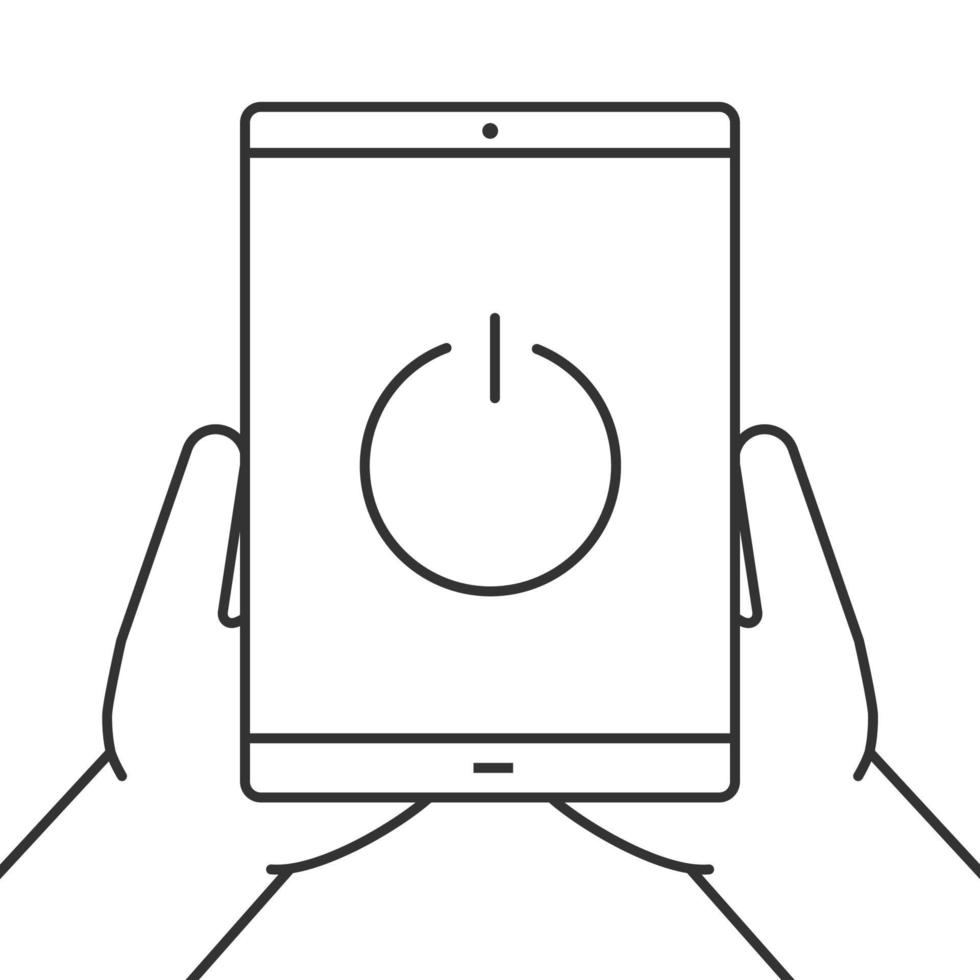 Hands holding tablet computer linear icon. Device turning off. Thin line illustration. Tablet pc with power button. Contour symbol. Vector isolated outline drawing