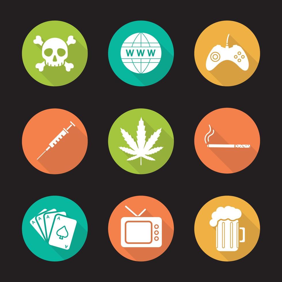 Addictions and bad habits. Flat design long shadow icons set. Skull and crossbones, www globe symbol, gamepad, syringe, marijuana leaf, cigarette, cards deck, tv, beer. Vector silhouette illustration