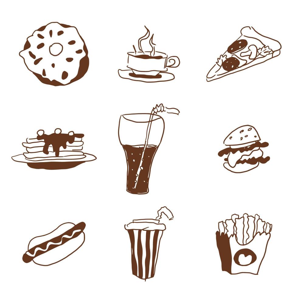 comida rápida doodle selección de golosinas dibujos vector