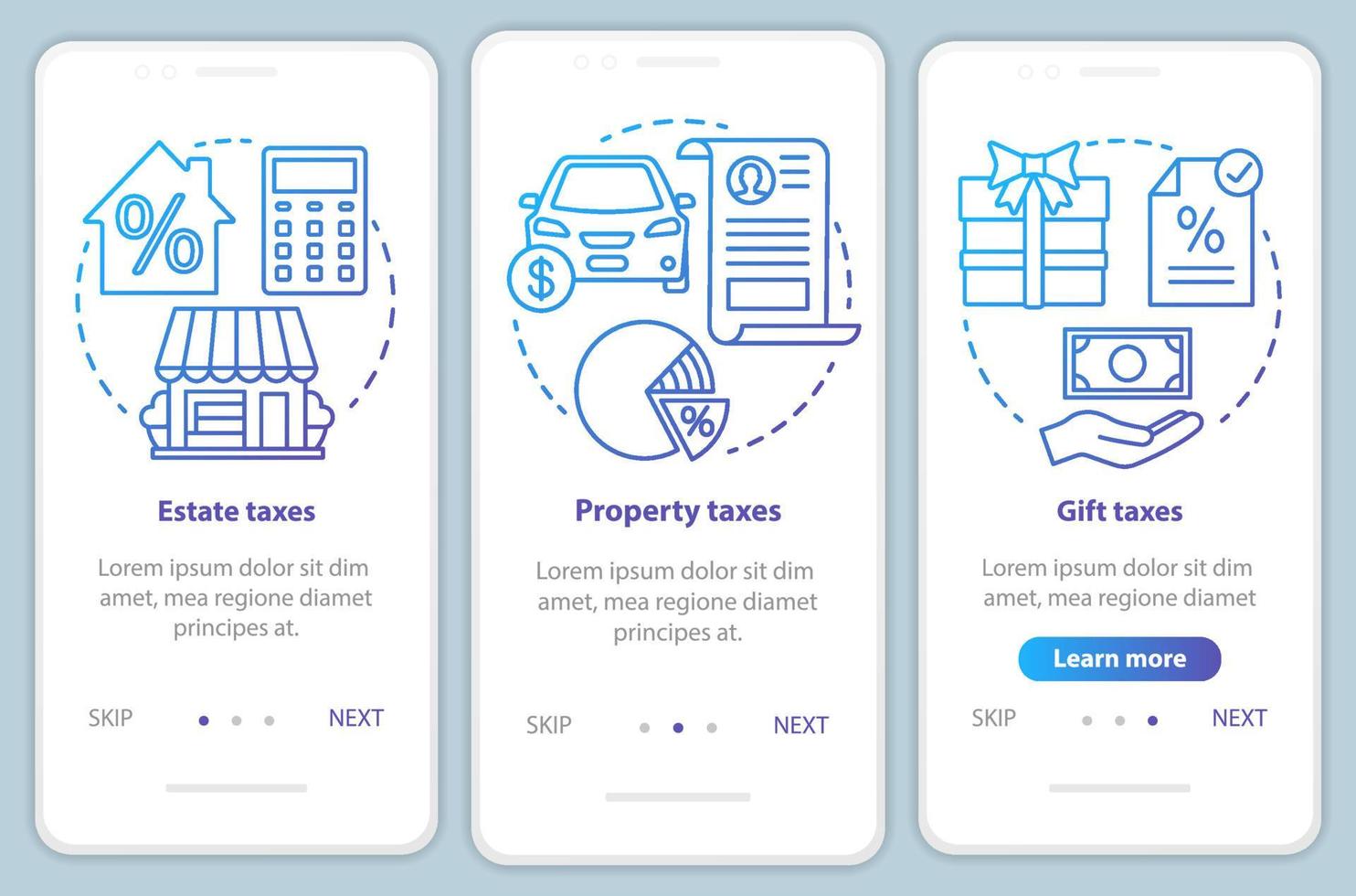 US taxes types blue onboarding mobile app page screen with linear concepts. Estate, property, gift tax walkthrough steps graphic instructions. UX, UI, GUI vector template with illustrations