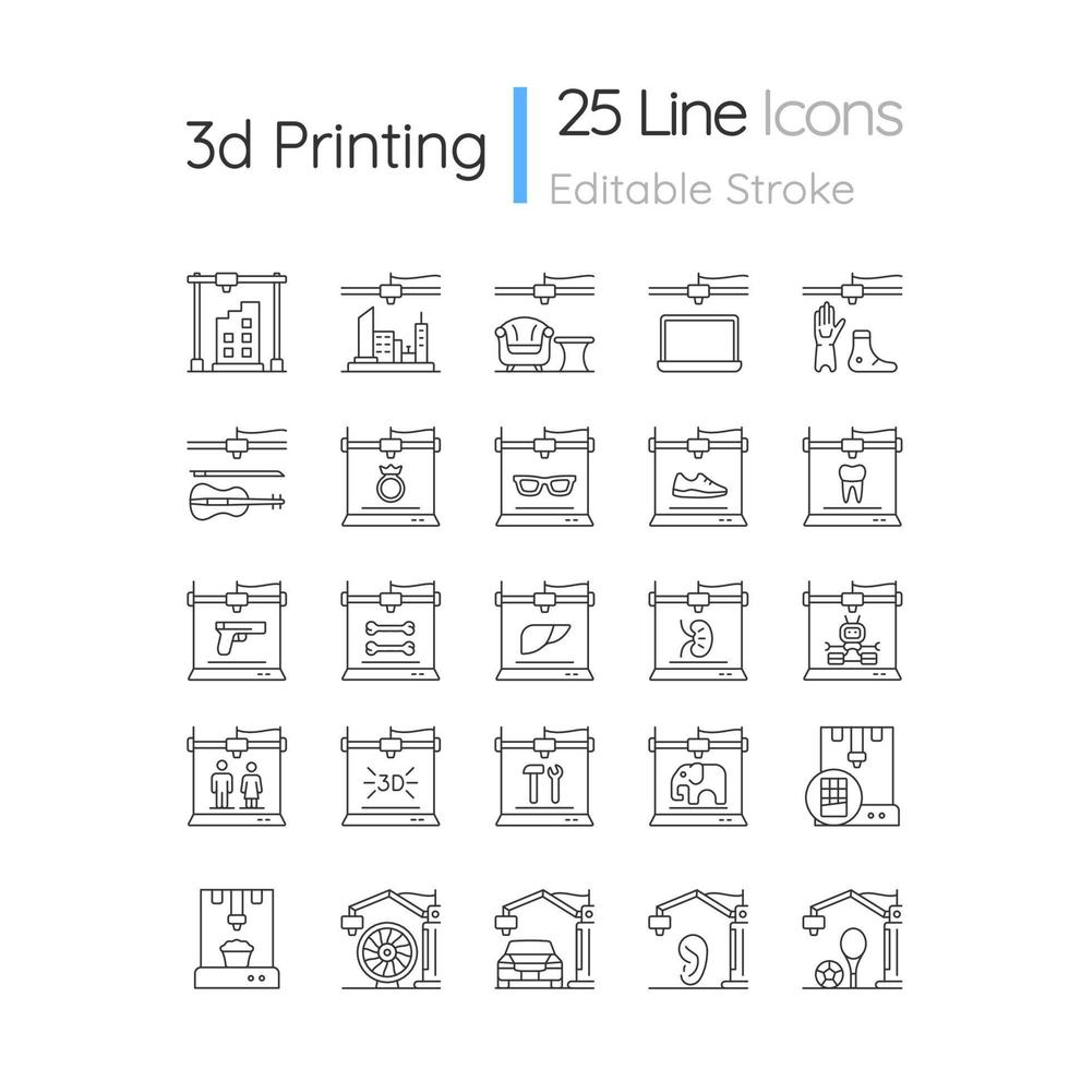 3d printing technology linear icons set vector