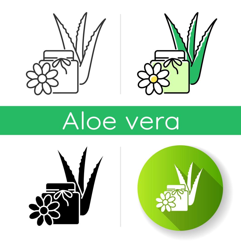 Vegan wax icon. Cream with floral extract. Organic lotion in jar with aloe vera. Medicinal herbs product. Plant based cosmetic. Linear black and RGB color styles. Isolated vector illustrations