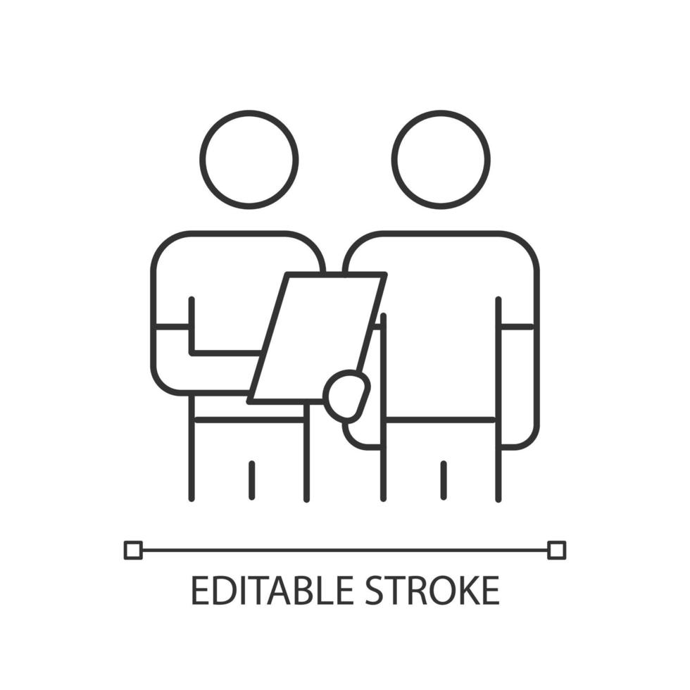 Oral survey linear icon. Two people Interviewing. Question and answer. Dialogue, talk. Recruiter with employee. Thin line illustration. Contour symbol. Vector isolated outline drawing. Editable stroke