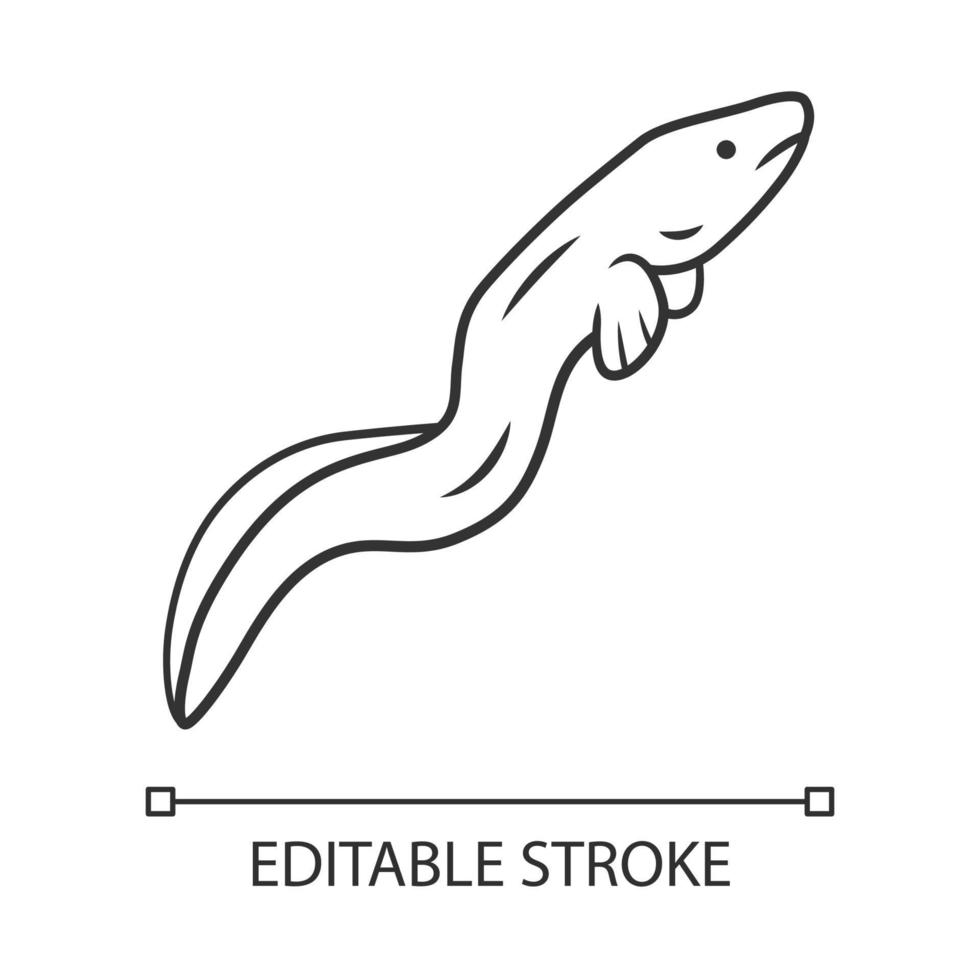 Eel linear icon. Floating snakelike fish. Sea animal. Asian seafood, sushi ingredient. Snake shape creature. Thin line illustration. Contour symbol. Vector isolated outline drawing. Editable stroke