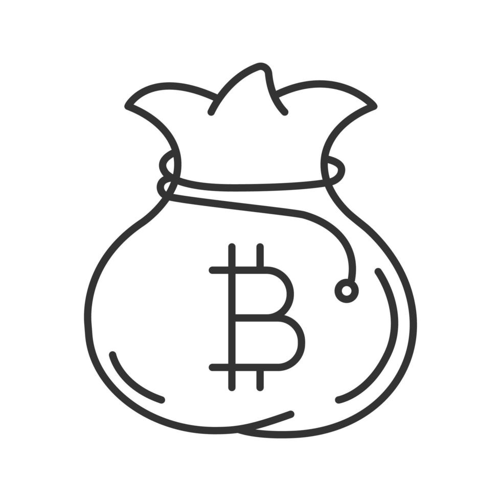 Bitcoin bag linear icon. Thin line illustration. Cryptocurrency. Money bag. Contour symbol. Vector isolated outline drawing