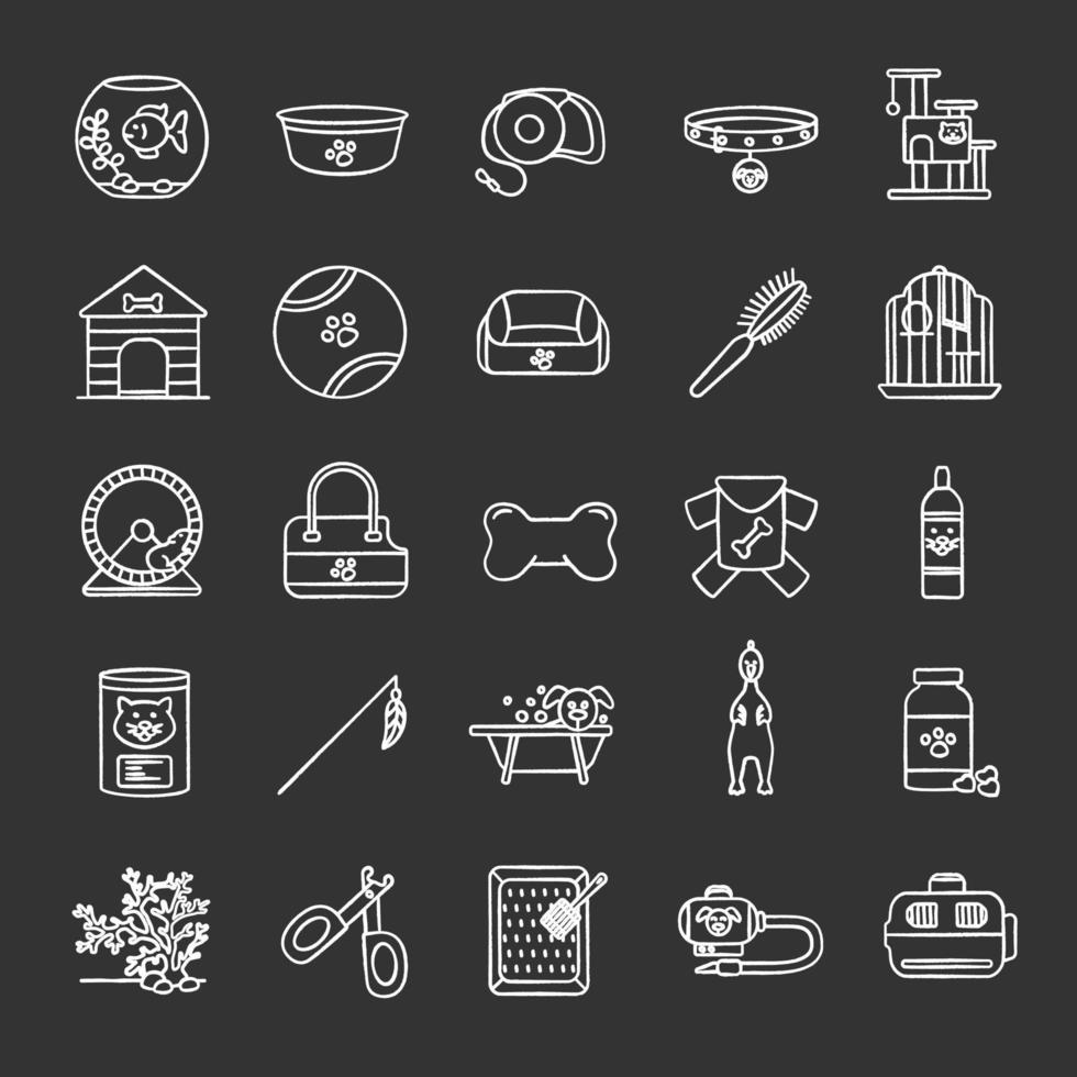 Pets supplies chalk icons set. Domestic animals goods. Pets food, toys, accessories, houses. Isolated vector chalkboard illustrations