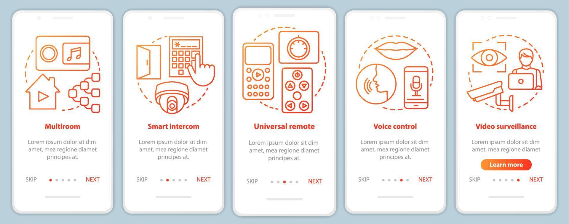 Smart home onboarding mobile app page screen vector template. Automation systems for security and comfort. Walkthrough website steps with linear illustrations. UX, UI, GUI smartphone interface concept