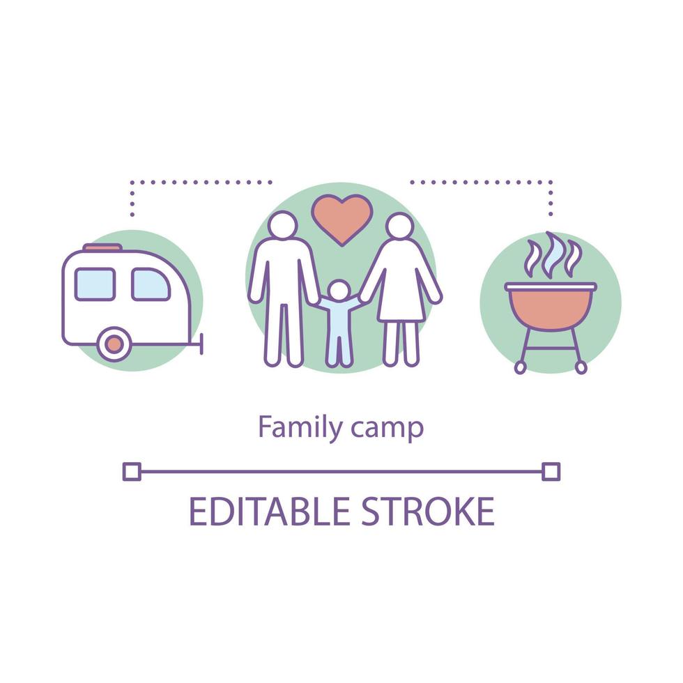 Family, parenthood camp concept icon. Summer parents and children club, holiday resort idea thin line illustration. Kids and adults activities. Vector isolated outline drawing. Editable stroke