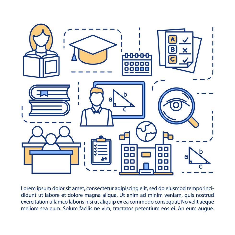 University entrance concept icon with text. Study for education. College course, school tests. Article page vector template. Brochure, magazine, booklet design element with linear illustrations