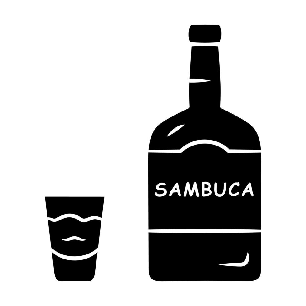 Sambuca glyph icon. Bottle and shot glass with drink. Italian anise-flavoured liqueur. Alcoholic beverage for cocktails, straight. Silhouette symbol. Negative space. Vector isolated illustration