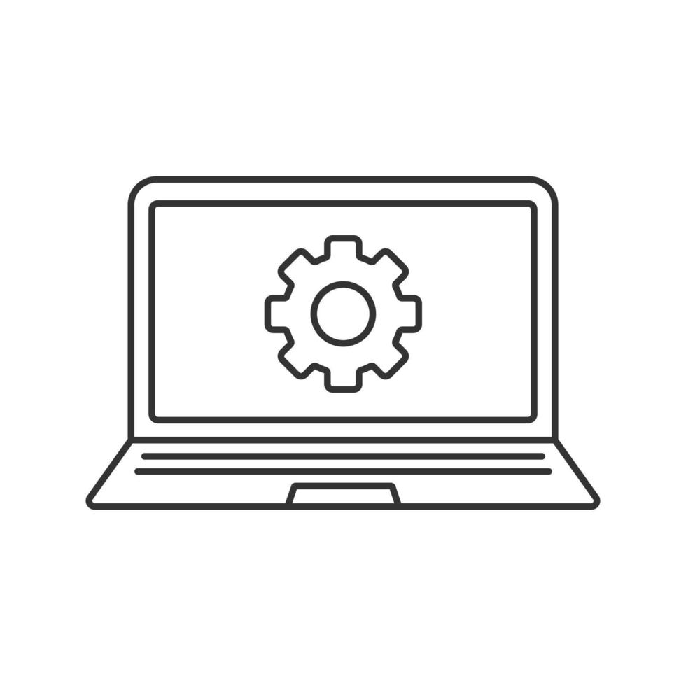 Laptop settings linear icon. Thin line illustration. Notebook with cogwheel contour symbol. Vector isolated outline drawing